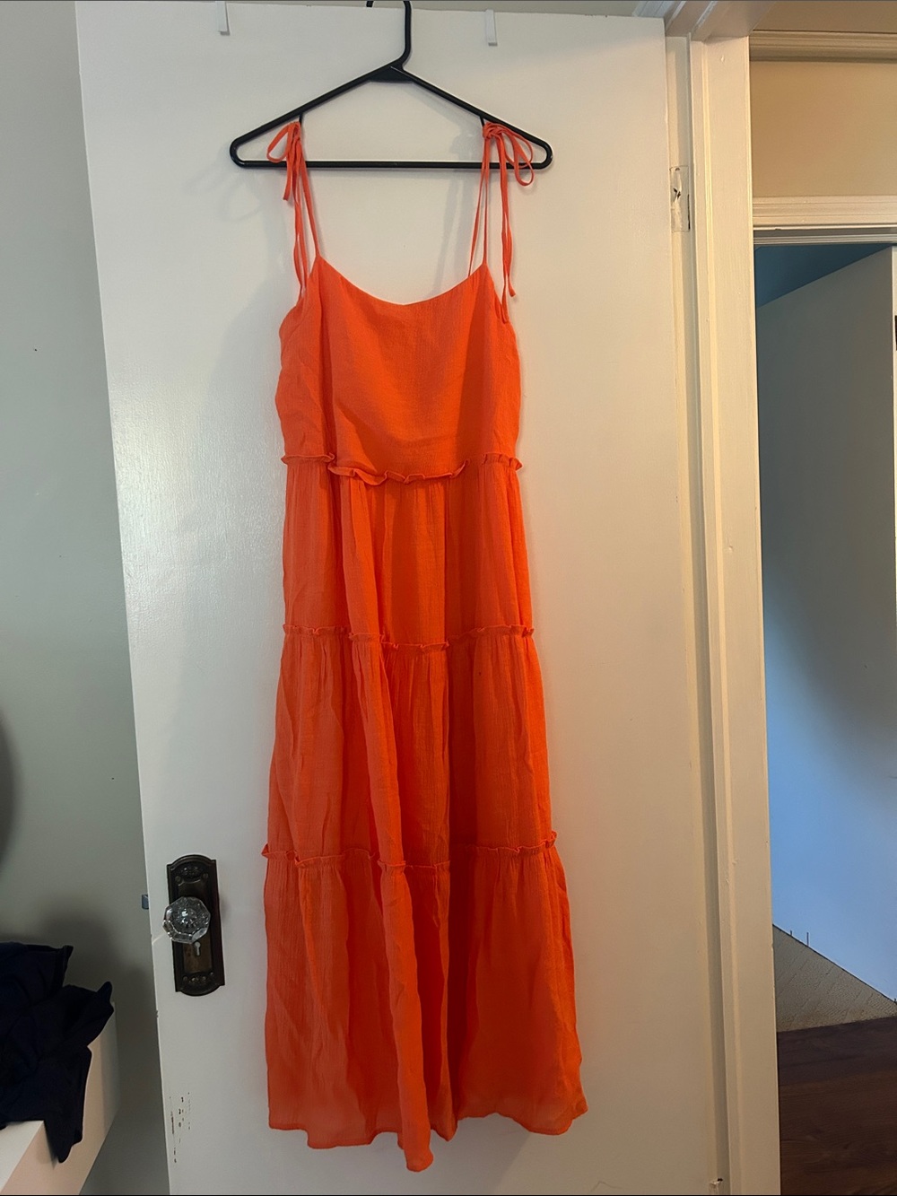 Bright Orange Tie-Shoulder Tiered Maxi Dress